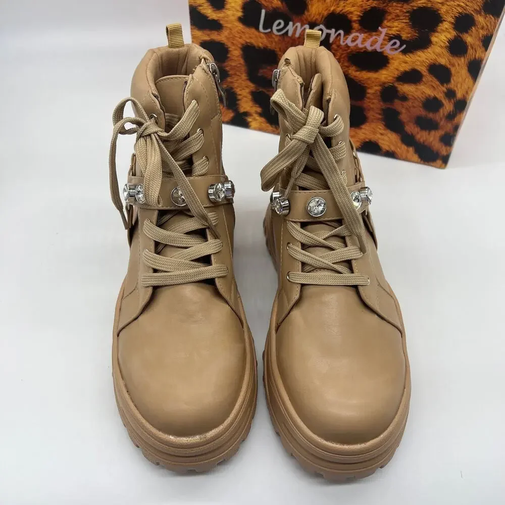 Lemonade Women Combat Boot Size 8M Rhinestone Strap Lace Up Textured Sole